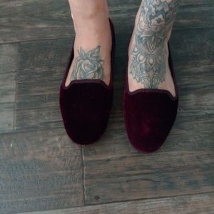 Vintage Style Wine Velvet Smoking Flats
